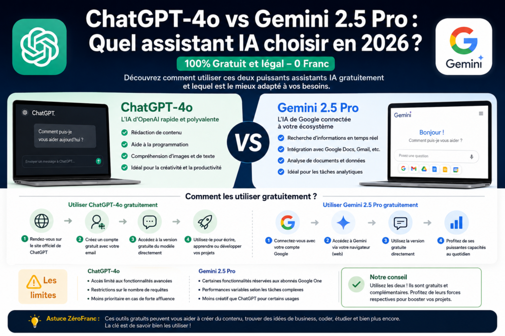 ChatGPT-4o vs Gemini 2.5 Pro : Quel assistant IA Gratuit choisir en 2026 ? (0 Franc)